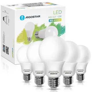 Aigostar LED Leuchtmittel E27 Kaltweiß 12W, Birnen Licht 6500K 1170 Lumen, Abstrahlwinkel 280 Grad Tropfen Energiesparlampe 5er Verpack