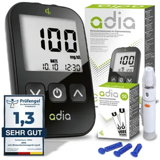 diabetikerbedarf adia Diabetes-Set, mg/dl, mit 60 Blutzuckerteststreifen, Stechhilfe, Lanzetten Set