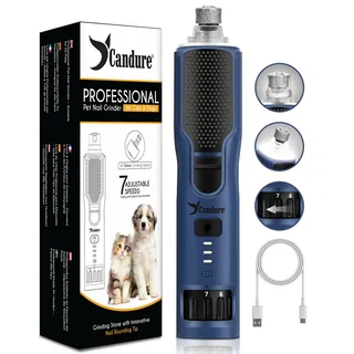 Candure Krallenschleifer für Hunde bis zu 7-Gang Hundepfoten Trimmer, Geräuscharmer Wiederaufladbarer Haustier Krallenschleifer mit 360° LED-Lichtern & Zusätzlichem Schleifkopf
