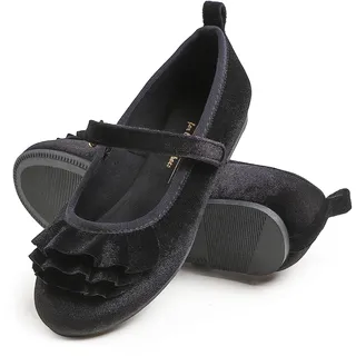 Feversole Girls Cute Dress, Mädchen süßes Kleid Mary Jane Schuhe weiche Party Urlaub Ballerinas Runde Spitze Stretchy,Synthetik elastisch flach Samt Rüsche Schwarz Größe 33 EU - 33 EU