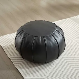 Louis Donné Premium Artisanal Leder Pouf, handgefertigt, ungefüllt, Ottoman-Pouf Bezug, Fußhocker, runder Pouff, Fußhocker, Bodenkissen (schwarz)