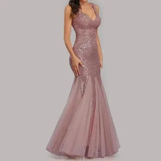 Zilimontt Elegant Damen Slim Sexy Fit Pailletten Ärmelloses Kleid, Pailletten Meerjungfrau Abendkleid V-Ausschnitt Ärmellos Formale Abschlussball Hochzeit Party Kleider (M Rosa)