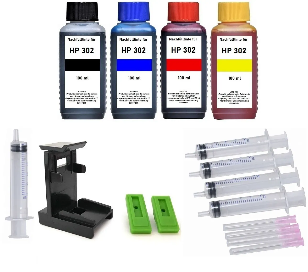Nachfüllset für HP 302 + 302XL schwarz + color Druckerpatronen - 4 x 100 ml Druckertinte + Zubehör