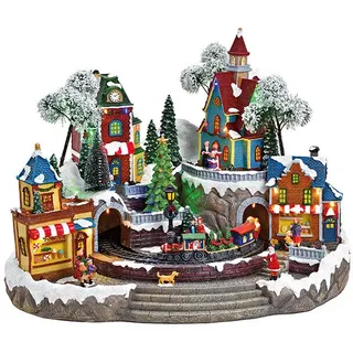 Winterszene Dorf mit fahrendem Zug, Beleuchtung und Musik 46x36x35 cm (26176)