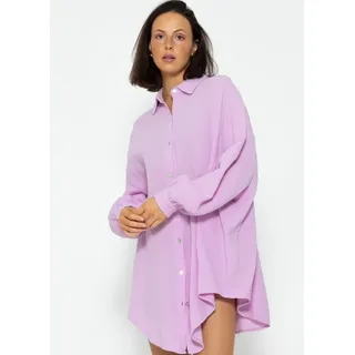 SASSYCLASSY Longbluse Oversize Musselin Bluse Damen Langarm Elegant Hemdbluse lang aus Baumwolle mit V-Ausschnitt, One Size (Gr. 36-48) beige