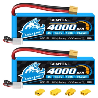 Yowoo 2 PCS 4S Lipo Akku 4000mAh 14.8V Graphen Batterie 150C mit XT60 Stecker für RC Evader BX Auto Buggy Boot Drohnen Slash 1/10 Skala Racing Truck Racing RC Heli Flugzeug (EC3/Deans/Traxxas/Tamiya)