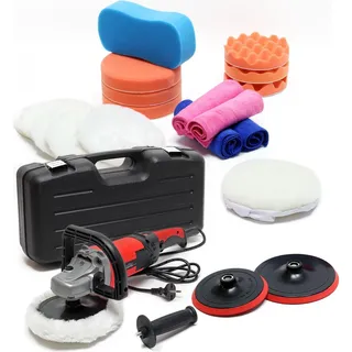 Wiltec Poliermaschine Set aus 26 Teilen 1500W bis 3000 U/min, Schleifgerät mit 6 Stufen inkl. vieler Aufsätze und Koffer, Tellerschleifer,