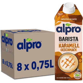 Alpro Barista Karamell – Zum Aufschäumen – Von Natur aus laktosefrei – Reich an Ballaststoffen, Calcium und Vitaminen – 8 x 750 ml – Haltbar