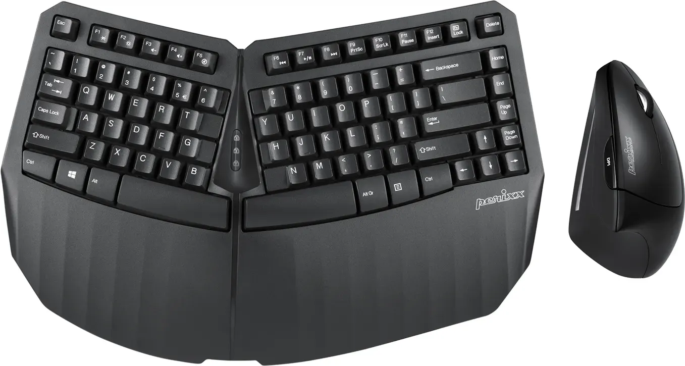 PERIDUO-813 Kompakte ergonomische kabellose Tastatur mit vertikaler Bluetooth-Maus. Geteilte Tastatur mit Handgelenkauflage. Kabellose 3-in-1-Multigeräte-Maus