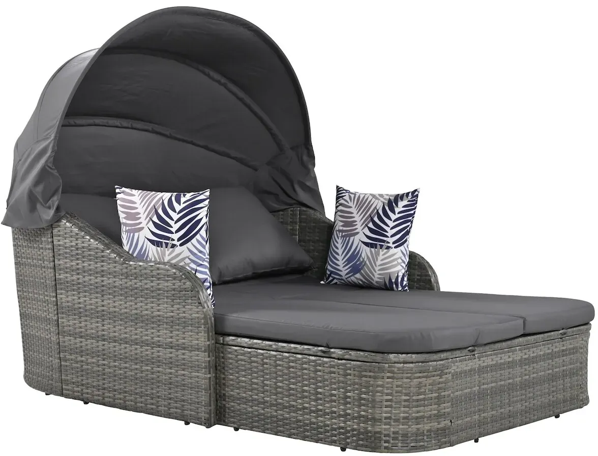 Merax Sonneninsel, Gartenlounge Set, PE-Rattan mit verstellbarem Baldachin, Doppel-Lounge mit 4 Kissen für Garten, Pool, Grau