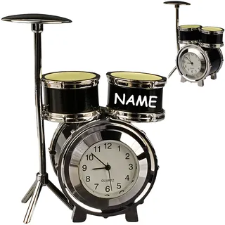 alles-meine.de GmbH kleine - Tischuhr/Miniatur - Uhr - Schlagzeug - Drums/Drum Set - inkl. Name - aus Metall - 8,3 cm - batteriebetrieben - Analog - Batterie - schwarz - silb..