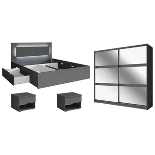 Feldmann-Wohnen Komplettschlafzimmer Fino, (4-teilig, 1 Schiebetürenschrank, 1 Doppelbett, 2 Nachtkonsolen, 4-tlg., moderne Optik, 2 Nachtkonsolen, ohne Soft-Close, LED im Kopfteil), mit LED-Licht, graphit grau 506 cm x 215 cm x 204 cm