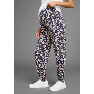 NEUN MONATE Umstandshose NEUN MONATE "Haremshose für Schwangerschaft und Stillzeit", Damen, Gr. 40/42, N-Gr, blau (marine geblümt), Jersey, Obermaterial: 95% Viskose, 5% Elasthan, bedruckt, geblümt, Basic, bequem lang, Hosen, in bequemer Passform und mit Blumenmuster