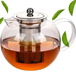 CRYSTALIA Premium Borosilikat-Teekanne mit Teesieb, 1300 ml, 100 % bleifrei, hitzebeständig, Glas-Teekanne für losen Tee, Kräutertee, Chai, Infusion