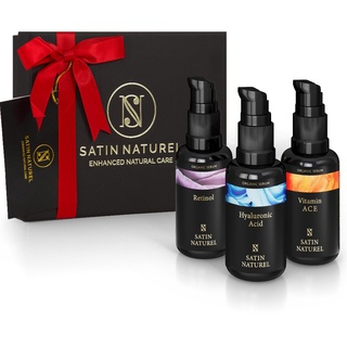 Satin Naturel Geschenke für Frauen - Retinol + Hyaluron + Vitamin C Serum 3x30ml, Beauty Skincare Set Vegan - Geburtstagsgeschenke für Frauen - Luxus-Geschenkbox