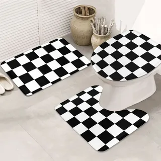 AOOEDM 3-teiliges Badematten-Set mit schwarz-weißer Race Checkered Flag-Badezimmer-Antirutschunterlage für Badezimmer, Toilette, Schlafzimmer