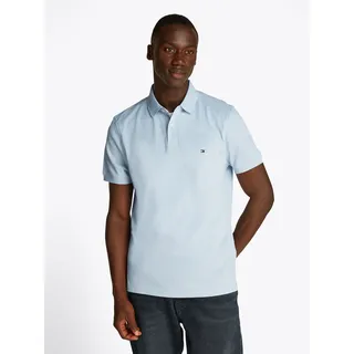 Tommy Hilfiger Poloshirt TOMMY HILFIGER "1985 REGULAR POLO" Gr. M (48/50), blau (breezy blau), Herren, Jersey, Obermaterial: 96% Baumwolle, 4% Elasthan, unifarben, bestickt, Shirts, mit Tommy Hilfiger Kontraststreifen innen am Kragen