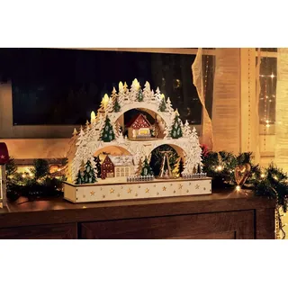 SBS Weihnachtlicher Schwibbogen Pyramide LED Kerzen Timerfunktion, Weihnachtsdekoration, Holzdesign mit Winterszene, Beleuchteter Lichterbogen