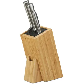 Relaxdays Bambus Messerblock mit Borsteneinsatz, Küchenblock für 6 Messer aller Art, unbestückter Holzblock, natur