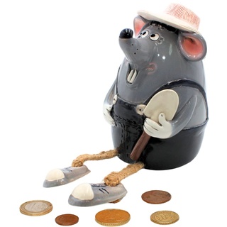 Dekohelden24 Keramik Sparbüchse/Spardose/Moneybox als Maus mit Spaten/Gärtner, handgefertigt, ca. 17 cm groß, Kantenhocker