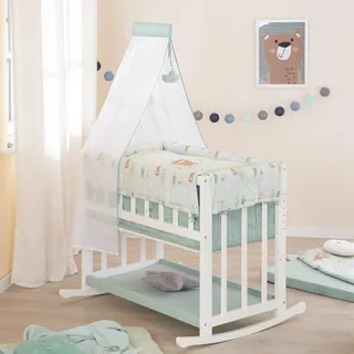 roba Stubenbett 4-in-1 aus Holz - Woodland Buddies Design - 45 x 90 cm - Wiege, Stubenwagen, Sitzbank & Beistellbett - Höhenverstellbar - Inkl. Textilien, Himmel & Himmelsstange - Weiß/Pastellgrün