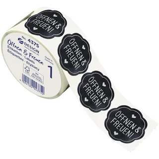 Avery Zweckform Zweckform 600 Aufkleber Öffnen und Freuen (Made in Germany, Ø38 mm, schwarze Geschenkaufkleber silberne Schrift, selbstklebende Geschenkdeko, Karten, Tüten, Gutscheine) Sticker auf Rolle, 4375