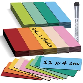 BIROYAL 25 Stk Magnetstreifen beschreibbar 11x4cm - 9 Farben Whiteboard Magnete zum Beschriften - beschreibbare Magnete für Magnettafel Kühlschrank Tafel - Magnetschilder zum Beschriften inkl.1 Marker