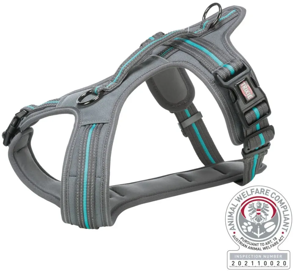 TRIXIE Fusion Touren-Geschirr, L–XL: 72–89 cm / 30 mm, grafit / ozean