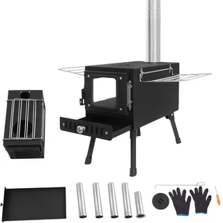 LENJKYYO Klappbarer Camping Holzofen, Zeltofen Outdoor mit Schornstein, Tragbarer Zeltofen & Outdoor Küchenofen aus Edelstahl, 36-56cm Höhenverstellung Heizofen(35-40 kg Tragkraft)