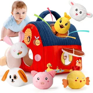 Loyzico Baby Montessori Spielzeug ab 6 Monate 1 Jahr, Kinder Sensorikspielzeug mit Scheune & 6 Tierrasseln vom Bauernhof, Rassel und Spiegel-Geschenk Baby für Junge Mädchen 6 12 Monate 1 2 Jahr