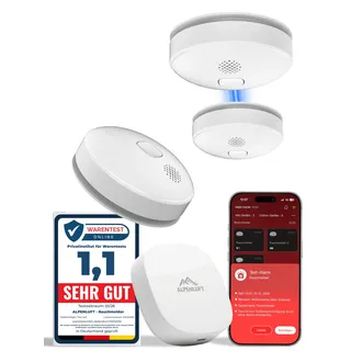 ALPENLUFT Rauchmelder mit Smart App 10 Jahre Batterie, TESTSIEGER Feuermelder Funk und WLAN Vernetzt, Rauchwarnmelder, Brandmelder, Funkrauchmelder Vernetzbar Ohne Bohren, Ohne LED Blinken, 3er + HUB