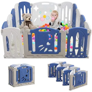 TRMLBE Laufstall Baby Faltbar Laufgitter XXL aus Kunststoff Krabbelgitter mit Tür und Spielzeugboard Schutzgitter Activity Center Absperrgitter für kinder Kleinkinder Drinnen und draußen(14 Paneele)
