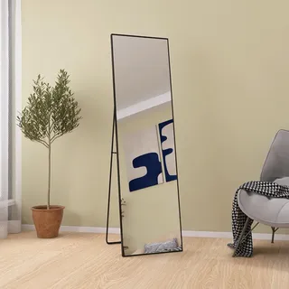 VixorLuilith Ganzkörperspiegel 140 x 40 cm mit goldenem Metallrahmen, Standspiegel, großer HD-Wandspiegel mit Haken, klare HD-Glasreflexion, bruchsicher und leicht (Schwarz)