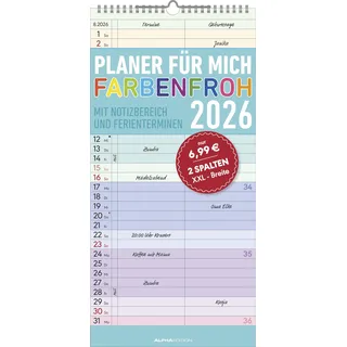 Neumann Planer für mich Farbenfroh 2026 - Familien-Timer 22x45 cm - mit Ferienterminen - Wand-Planer - mit vielen Zusatzinformationen - Alpha Edition