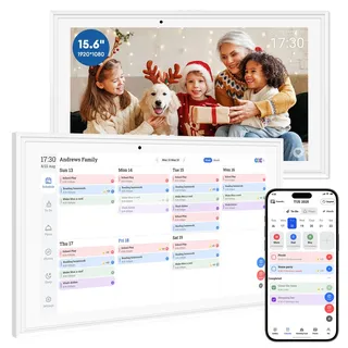 Hesmor 15,6 Zoll Digitaler Kalender mit Touchscreen Elektronischer Wandkalender & Familienplaner, 32 GB Speicher, 1920 x 1080 FHD Auflösung, Weiß