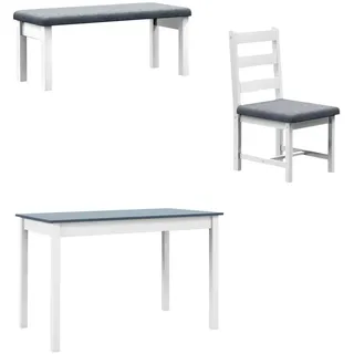 Homcom Essgruppe, Esstisch mit 2 Gepolsterten Stühlen, Bank, 4-Teiliges Esstisch-Set Esszimmergruppe mit Leinenoptik, Kiefernholz, Grau, Weiß Aosom