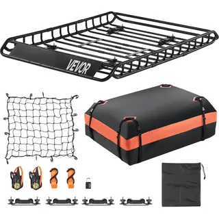 Vevor Dachgepäckträgerkorb Autodachkorb (1300 x 910 x 105 mm) universeller Dachgepäckträger mit Gepäcktasche & Netz & Ratschengurten (90,7 kg Max Tragkraft), Autodach-Gepäckträger für SUV Lkw