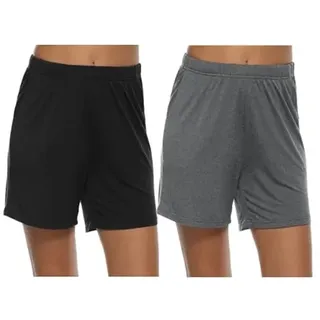 MoFiz Damen Schlafanzughose Kurz Pyjamahose Weich Modal Nachtwäsche Sommer Schlafshorts 2 Pack Schwarz/Dunkelgrau M - M