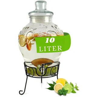 Monster24 10 Liter Getränkespender mit Zapfhahn aus Edelstahl – Wasserspender, Bowle-Gefäß aus Glas mit stabilem Metallständer und Glasdeckel – BPA-freier Limonadenspender