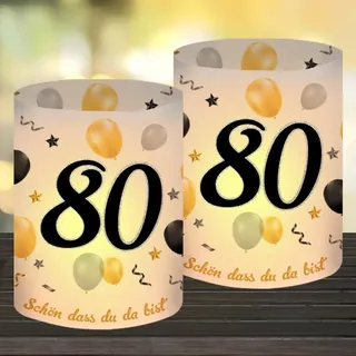 12 Windlicht Tischdeko 80 Geburtstag, Deko 80 Geburtstag Frau Mann, Happy Birthday Tischdeko 80. Geburtstags Frauen, Geeignet für Teelichter oder Kerzen mit Schön DASS Du Da Bist und Eukalyptus