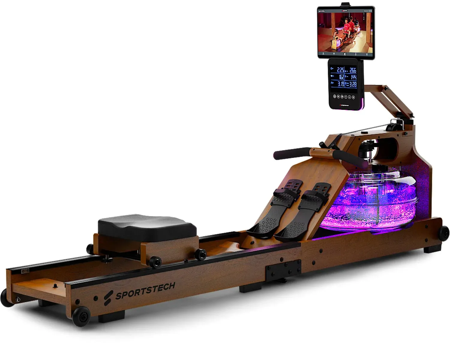 Sportstech Wasser-Rudergerät WRX1000 dunkelbraun, App-kompatibel, mit Wassertank, mit LED-Beleuchtung, 3-1 Widerstandsystem, mit LCD Display, mit Tablet-Halterung