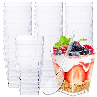 Dawumin Dessertgläser Wiederverwendbar, 50 Stück Dessertbecher mit Löffeln, 160ml Dessertschalen Wiederverwendbar, Dessertschalen Set Mini Desserttassen für DIY Desserts Pudding Mousse Eis