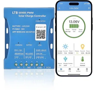 【20A Bluetooth Laderegler Solar 12V】Y&H Solar Laderegler 12V/24V Solar Ladegerät Controller Solarpanel Intelligente Solarladeregler PWMs mit USB Port PV:50V für Blei Säure, LiFePO4,Lithium Batterien