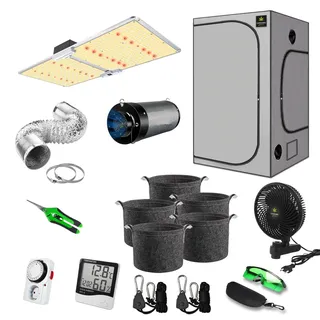 abathe Canna4Home Grow Zelt Komplettset 100 x 100 x 200cm grau Anbau Set Gewächshaus mit dimmbarer LED Vollspektrum Grow-Lampe, mit Abluftset, Pflanztöpfe, Clipventilator und Zubehör Homebox Zuchtzelt