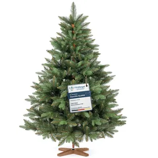 FairyTrees Weihnachtsbaum Nordmanntanne Premium, mit braunem Stamm und Echtholz Baumständer