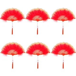 Damen Fächer Feder,6 Stücke Vintage Stil 20er Jahre Feder Handfächer Faltbar Handheld Marabou Federfächer Damen Gatsby Kostüm Flapper Zubehör für Hochzeit Halloween Karneval, Mottoparty,Rot