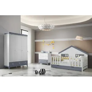 JV Möbel Modernes 3tlg Kinderzimmer Set Hausbett, Kleiderschrank + Kommode,