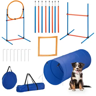 Relaxdays Agility Set, für Hunde, 76-TLG, Hürden höhenverstellbar, Sprungring & Slalomstangen, Tragetasche, blau/orange
