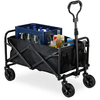 Relaxdays Bollerwagen, faltbar, 100 kg, Teleskopgriff, Gummireifen, Transportwagen Einkauf, Camping, Strand, schwarz
