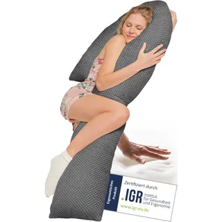 Traumreiter Schwangerschaftskissen Visco J-Form Größe XL mit Bezug Deluxe Grau - Hybrid Kissen mit 1cm Memory Foam